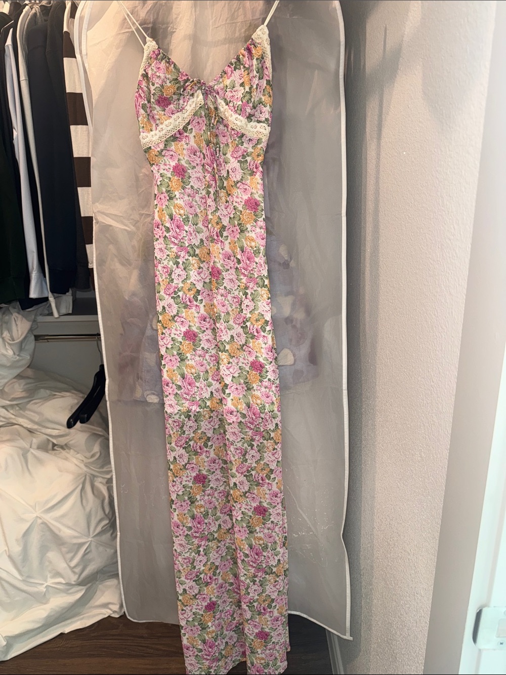 Princess Polly Pink and Green Floral Lace-Trim Maxi Dress